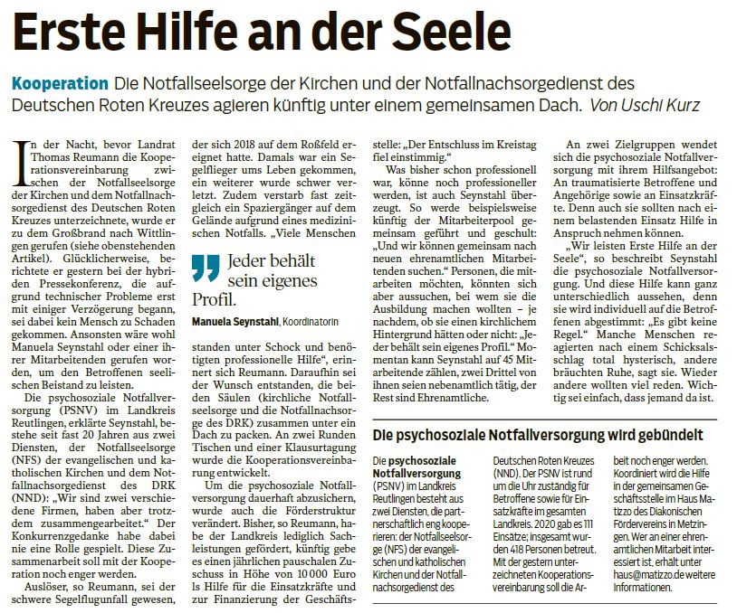 Erste Hilfe an der Seele - Schwäbisches Tagblatt-10.03.2021